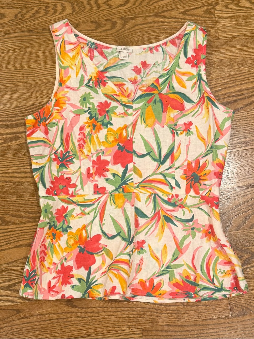 J. Crew Floral sleeveless linen top- White with Pink, Orange & Green